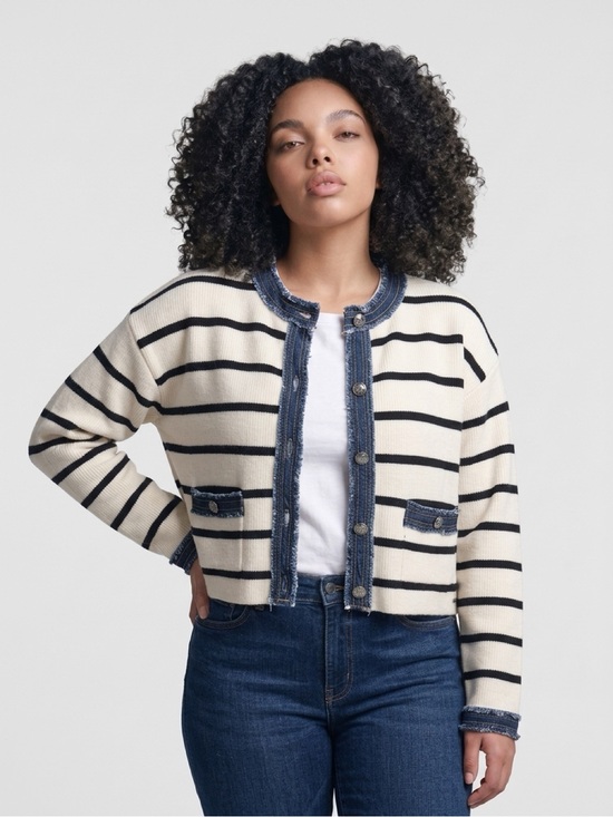 Jason Wu Sweaters - Jason Wu Cream and Black Striped Knit Cardigan with Denim Trim